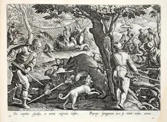 Een berenjacht toont een harige beer die zijn scherpe klauwen in een van de jagers zet, illustratie uit 